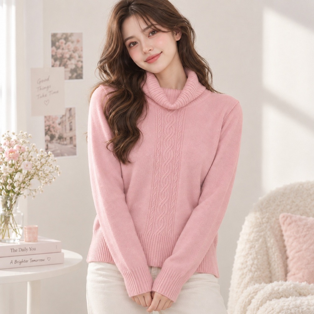 Dressbarn Petite Pink Cable Knit Turtleneck Sweater PM Long Sleeve Pastel Soft